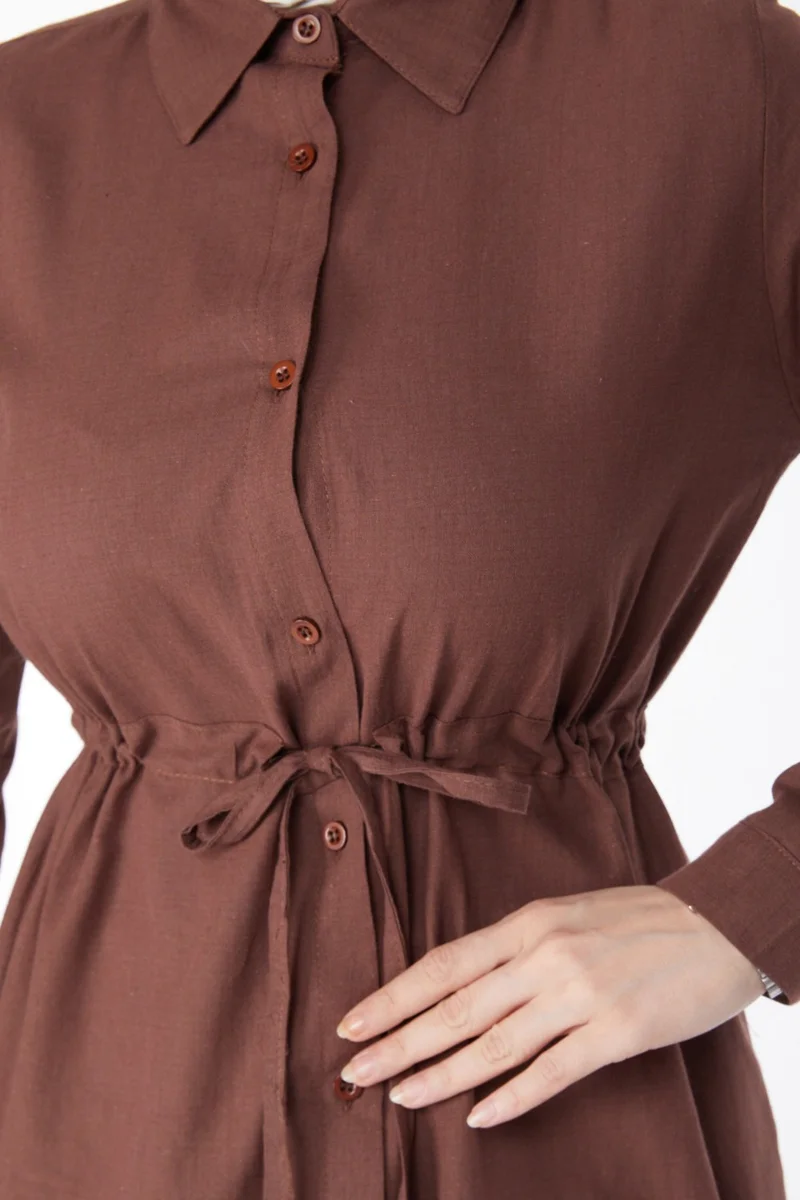 Tofisa Plain Mid Women's Brown Waist Tunic with Tunnel Detail - 13157