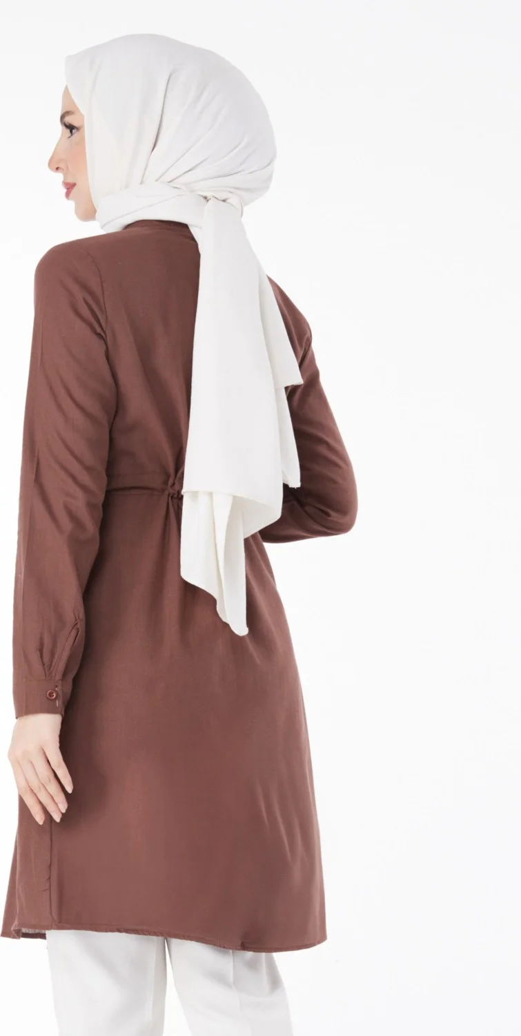 Tofisa Plain Mid Women's Brown Waist Tunic with Tunnel Detail - 13157