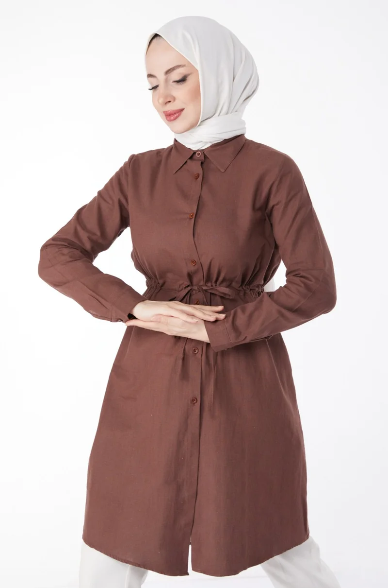 Tofisa Plain Mid Women's Brown Waist Tunic with Tunnel Detail - 13157