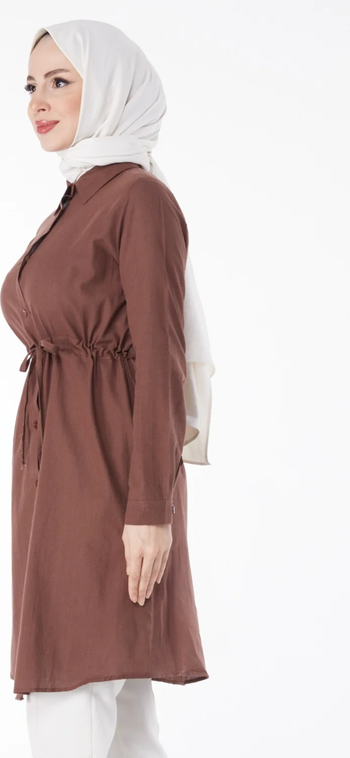 Tofisa Plain Mid Women's Brown Waist Tunic with Tunnel Detail - 13157