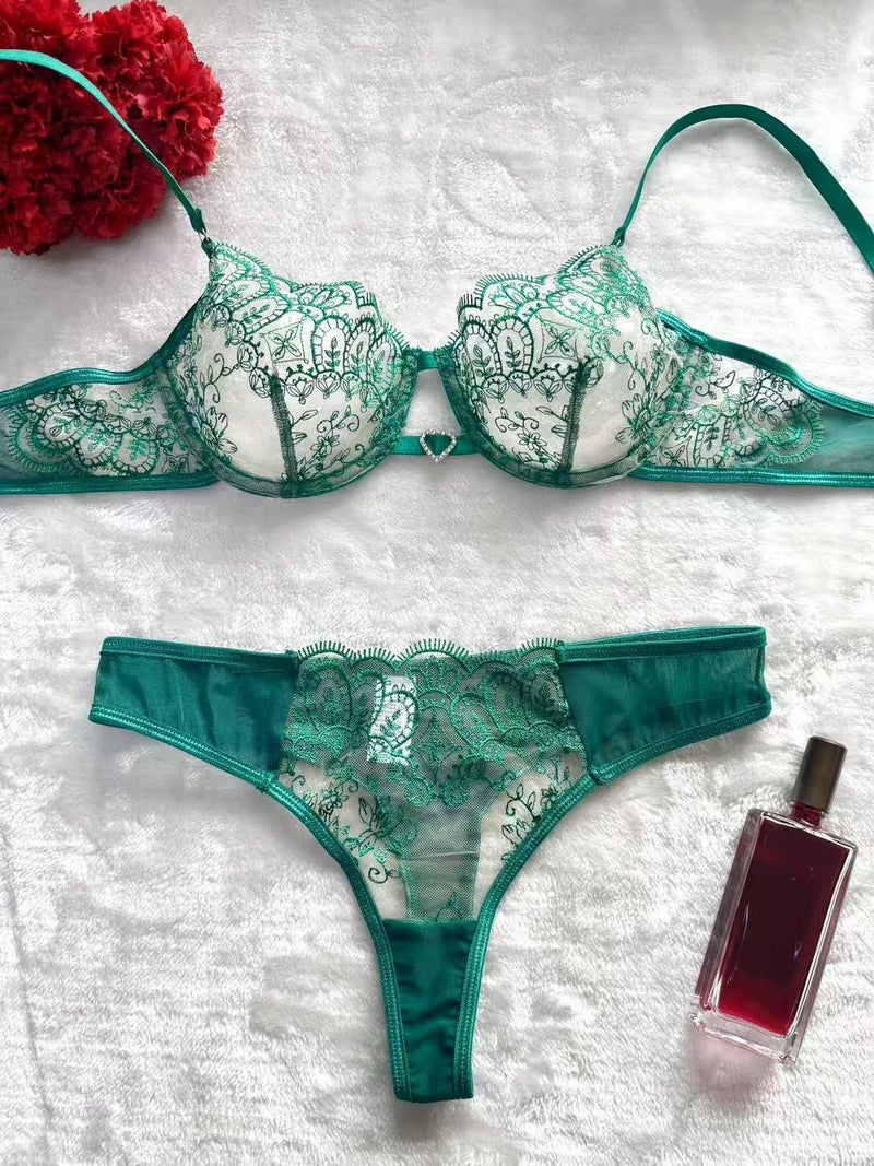 Foreign Trade New Push-Up Bra Classy Elegant Floral Embroider Transparent Mesh Sexy Lingerie Set Classy - Image 1