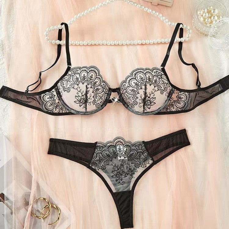 Foreign Trade New Push-Up Bra Classy Elegant Floral Embroider Transparent Mesh Sexy Lingerie Set Classy - Image 4