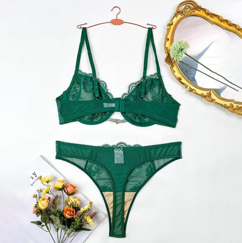 Foreign Trade New Push-Up Bra Classy Elegant Floral Embroider Transparent Mesh Sexy Lingerie Set Classy - Image 3