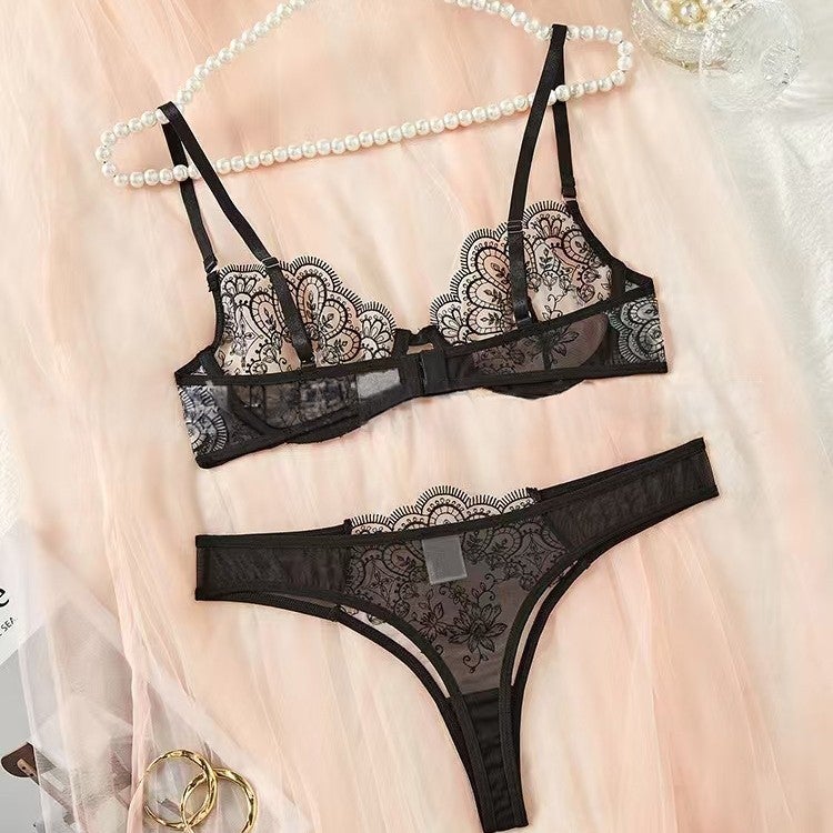 Foreign Trade New Push-Up Bra Classy Elegant Floral Embroider Transparent Mesh Sexy Lingerie Set Classy - Image 5