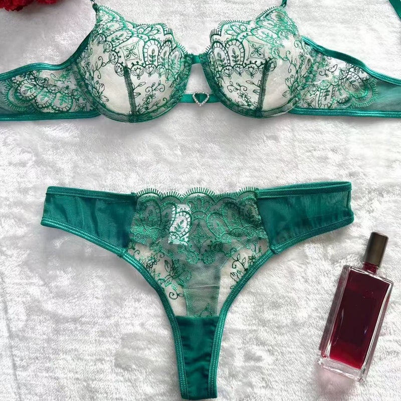 Foreign Trade New Push-Up Bra Classy Elegant Floral Embroider Transparent Mesh Sexy Lingerie Set Classy - Image 2