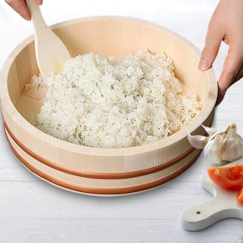 Kichgather 10.6 Inch Wooden Sushi Rice Bowl Hangiri Sushi Oke Rice Mixing Tub - Image 5