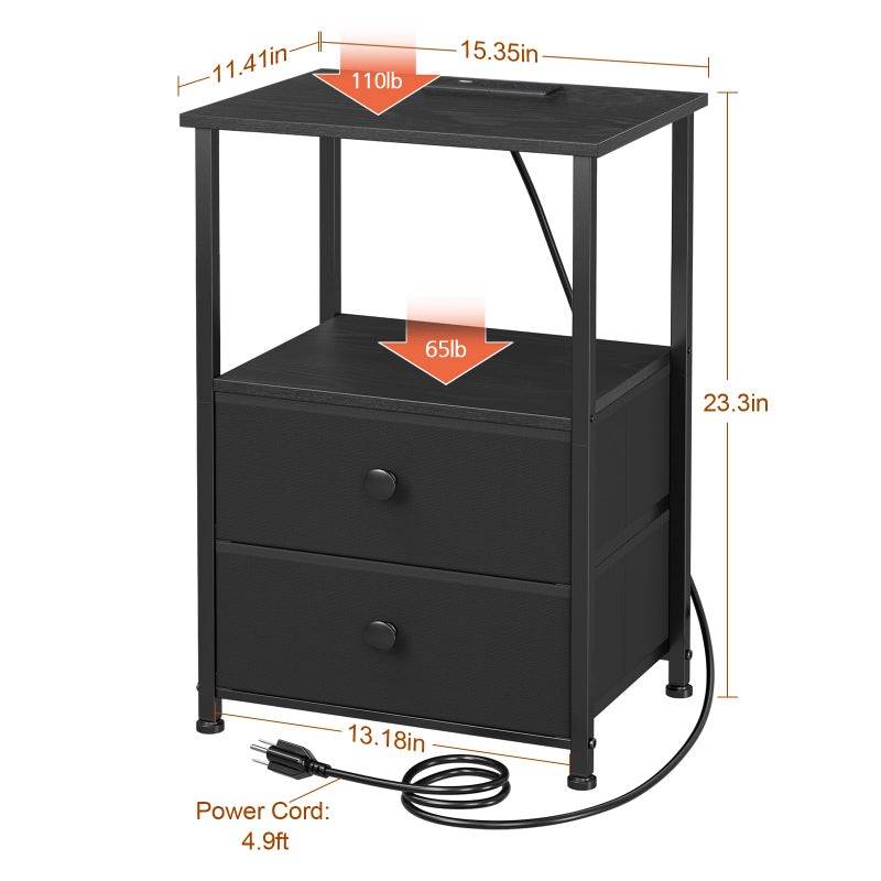 LOAKEKEL Night Stand Set 2, LED Nightstand with Charging Station, End Tables with Storage Shelf, Bed Side Table with 2 Fabric Drawers for Bedroom, Small Spaces, Black, HETS02BK - Image 5