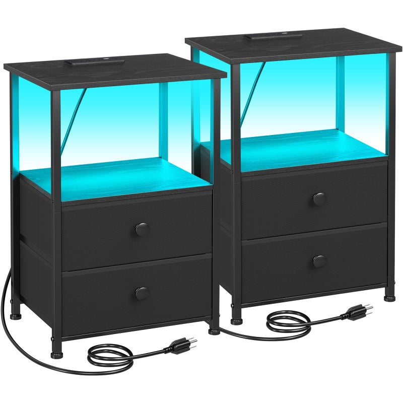 LOAKEKEL Night Stand Set 2, LED Nightstand with Charging Station, End Tables with Storage Shelf, Bed Side Table with 2 Fabric Drawers for Bedroom, Small Spaces, Black, HETS02BK - Image 1