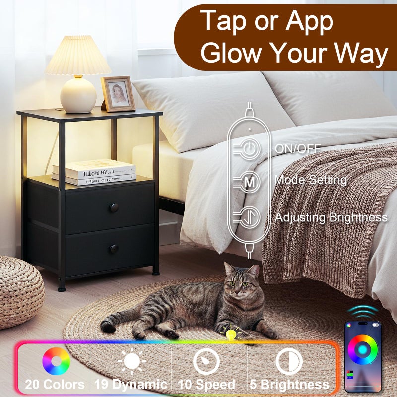 LOAKEKEL Night Stand Set 2, LED Nightstand with Charging Station, End Tables with Storage Shelf, Bed Side Table with 2 Fabric Drawers for Bedroom, Small Spaces, Black, HETS02BK - Image 4
