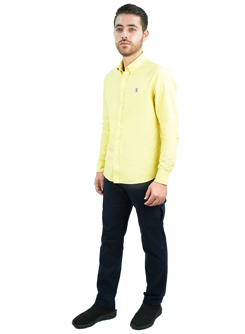 جيوردانو قميص رجالي قطن أكسفورد بتطريز أسد صغير، قصة ضيقة، أزرار كاملة