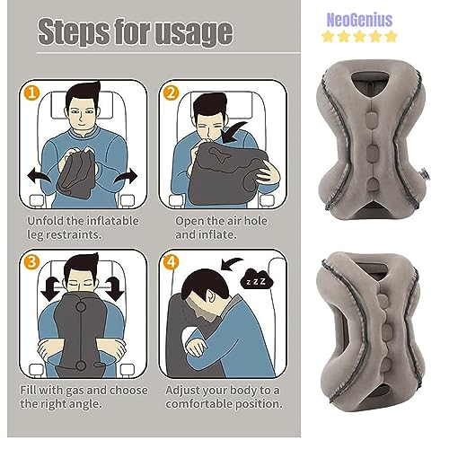 NeoGenius Inflatable Travel Pillow for Airplane to Avoid Neck and Shoulder Pain, Comfortably Support Airplane, Car, Office Desk,Chair Design 2 with 3D Eye Mask, Earplugs and Portable Drawstring Bag - Image 4