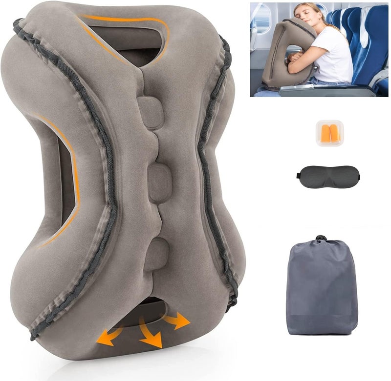 NeoGenius Inflatable Travel Pillow for Airplane to Avoid Neck and Shoulder Pain, Comfortably Support Airplane, Car, Office Desk,Chair Design 2 with 3D Eye Mask, Earplugs and Portable Drawstring Bag - Image 1