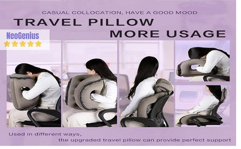 NeoGenius Inflatable Travel Pillow for Airplane to Avoid Neck and Shoulder Pain, Comfortably Support Airplane, Car, Office Desk,Chair Design 2 with 3D Eye Mask, Earplugs and Portable Drawstring Bag - Image 2