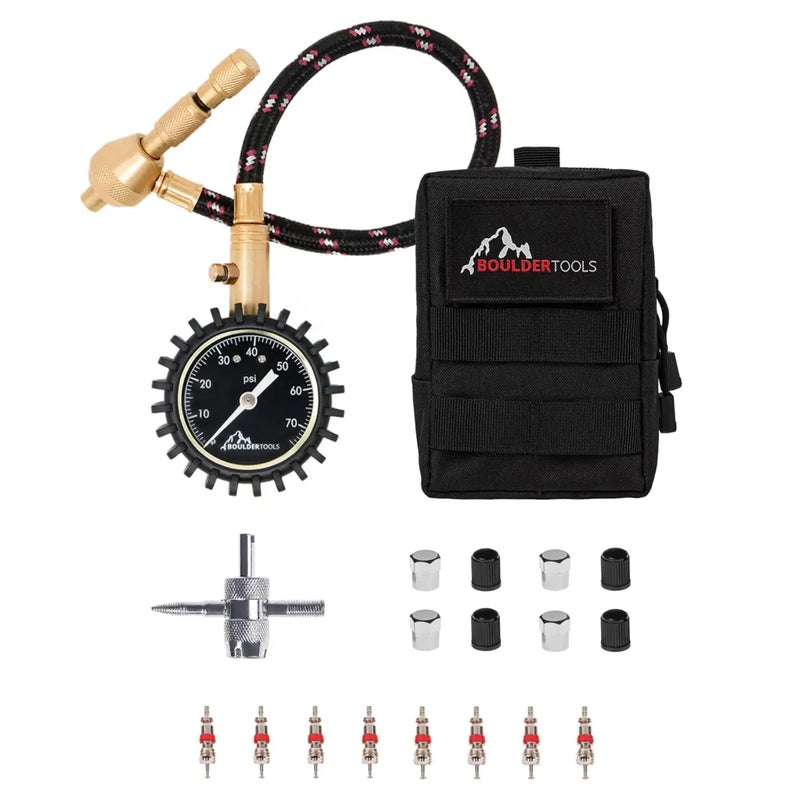Boulder Tools Heavy Duty Rapid Tire Deflator & Molle Pouch - Precision Release Button Air Down Offroad Kit - Glows in Dark, Bonus: Valve Caps, Cores, Repair Tool | Quickly Deflate 4x4 Off Road Tires - Image 1
