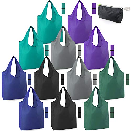 BeeGreen Reusable Bags for Shopping Machine Washable 12 Pack Xlarge Grocery bags Reusable Heavy Duty Folding with Elastic Band Colorful Tote Gift Bags Lightweight Durable Polyester - Image 1