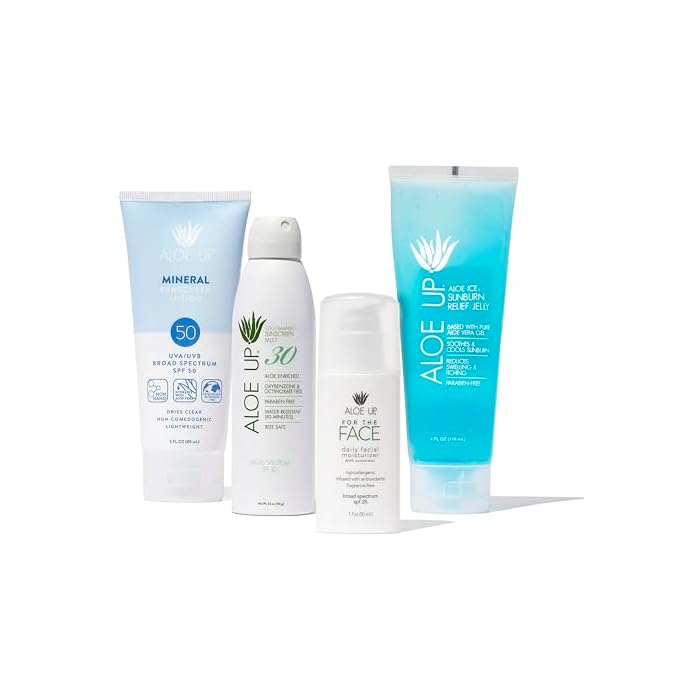 ALOE UP Suncare Bundle - Mineral Sunscreen Lotion SPF 50, White Collection Sunscreen Spray SPF 30, Aloe Ice Sunburn Relief Jelly, SPF 25 Daily Moisturizer - 4 Items