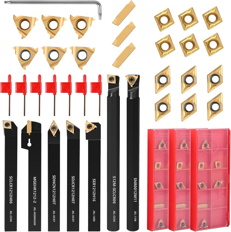 VerRich 28Pcs Kit Indexable Lathe Turning Tools,7PCS 1/2"12mm Shank Boring Bar Metal Turning Tool Holder with 21pcs Carbide Inserts for Boring Cutting Grooving Turning Threading - Image 1