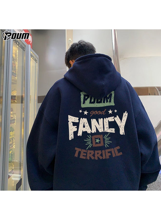 Poum American-style Hooded Sweatshirt For Men, Autumn And Winter Vintage Trendy Casual Sports Jacket Pow05 Navy Blue L - Image 1
