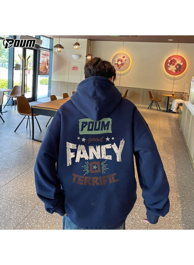 Poum American-style Hooded Sweatshirt For Men, Autumn And Winter Vintage Trendy Casual Sports Jacket Pow05 Navy Blue L - Image 2