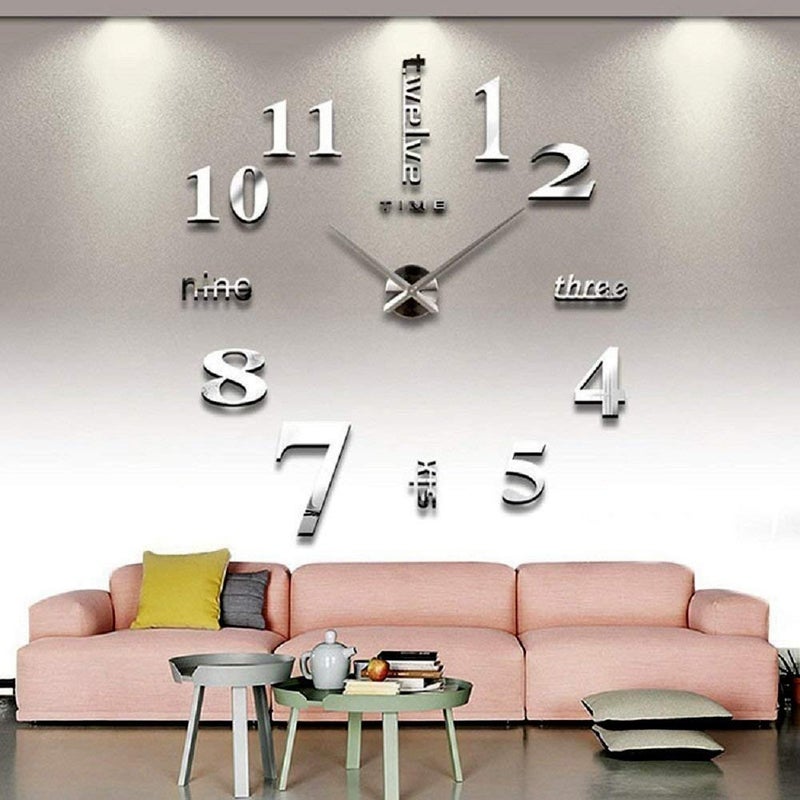 ساعة حائط فضية كبيرة بدون إطار 3D من CoZroom - ديكور حديث بحجم كبير لغرفة المعيشة بتصميم معدني أنيق مثالي للمنزل والمكتب