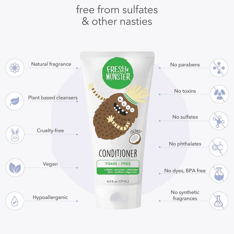 Fresh Monster بلسم شعر الأطفال فريش مونستر، خالي من السموم، مضاد للحساسية وطبيعي، بلسم شعر للأطفال، جوز الهند (6 أونصات) - Image 4