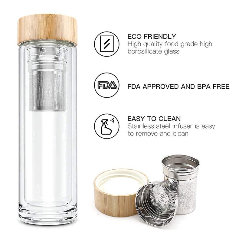 COMI Tea Bottle, 14 oz, Borosilicate Glass, Double Wall, Infuser & Strainer, Bamboo Lid, 400ml - Image 3
