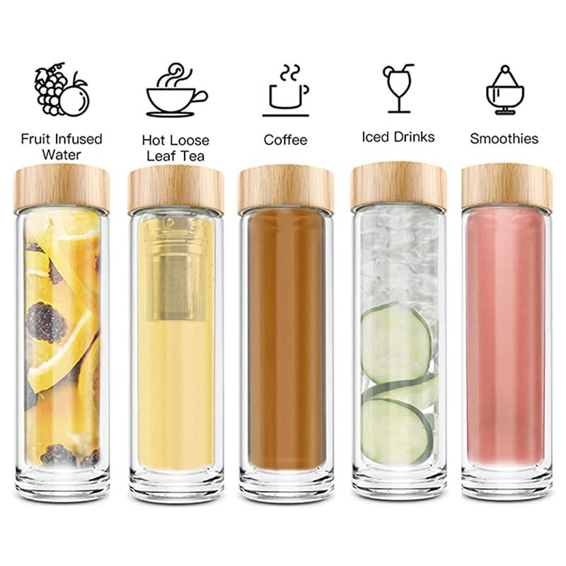 COMI Tea Bottle, 14 oz, Borosilicate Glass, Double Wall, Infuser & Strainer, Bamboo Lid, 400ml - Image 2