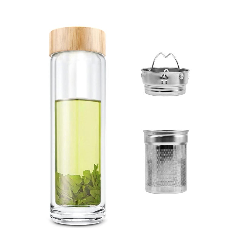 COMI Tea Bottle, 14 oz, Borosilicate Glass, Double Wall, Infuser & Strainer, Bamboo Lid, 400ml - Image 1