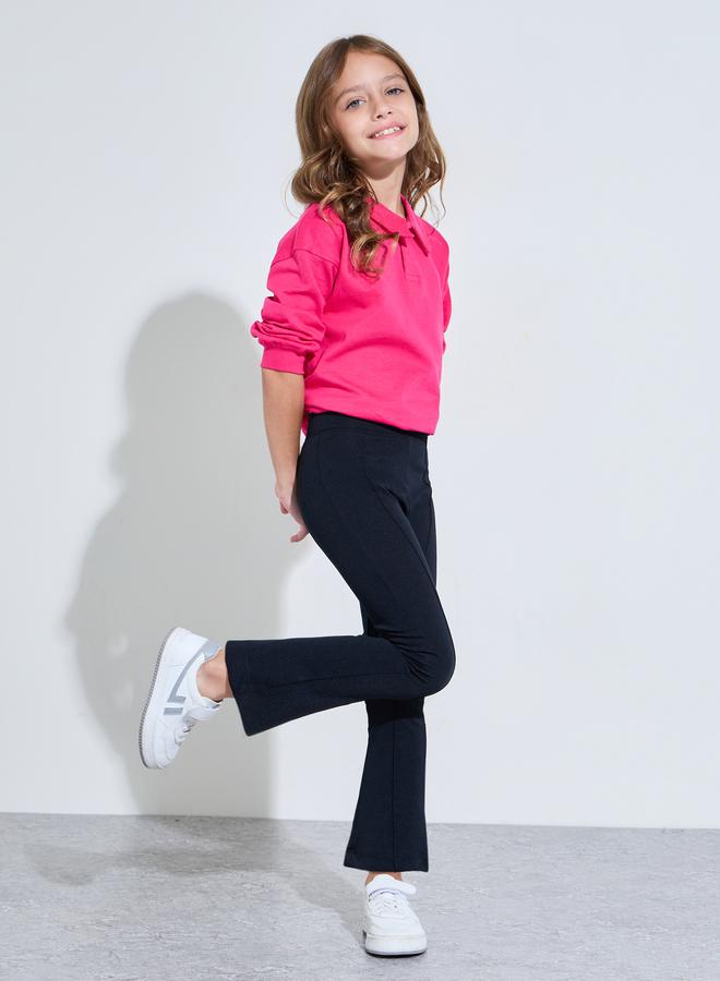 Styli Girls Black Solid Fit and Flared Leggings with Pintuck Detail - Image 2