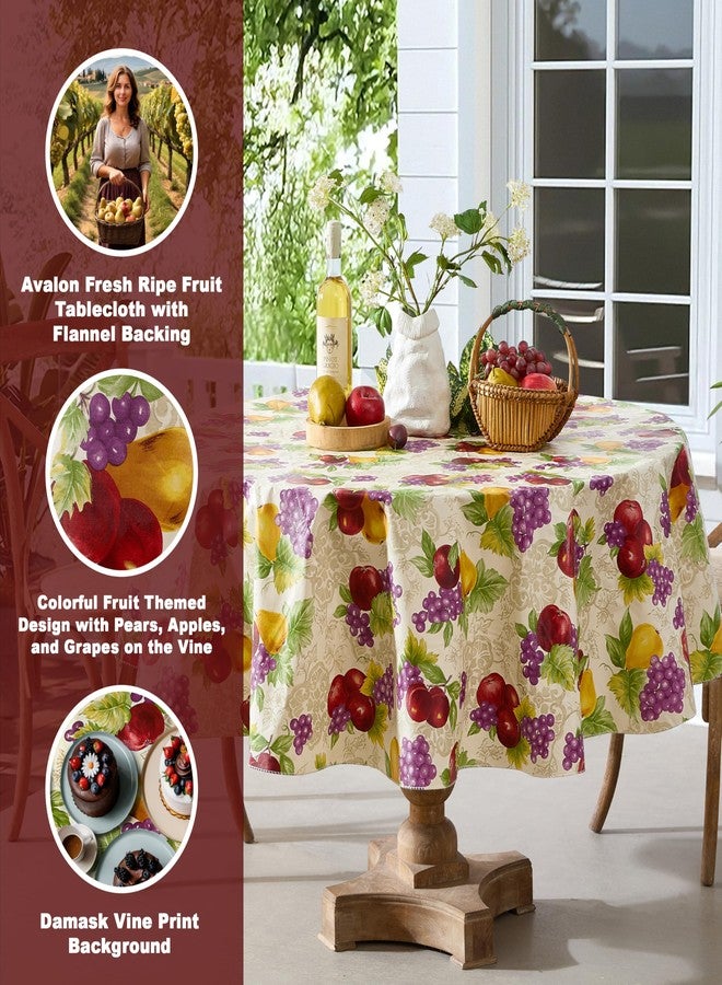 Newbridge Avalon Fresh Ripe Fruit Vinyl Tablecloth with Flannel Backing - Apples, Peaches, Pear and Grape Fruit Print Flannel Backed Easy Care Vinyl Tablecloth, 70” Round - Image 2