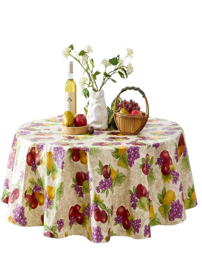 Newbridge Avalon Fresh Ripe Fruit Vinyl Tablecloth with Flannel Backing - Apples, Peaches, Pear and Grape Fruit Print Flannel Backed Easy Care Vinyl Tablecloth, 70” Round - Image 1