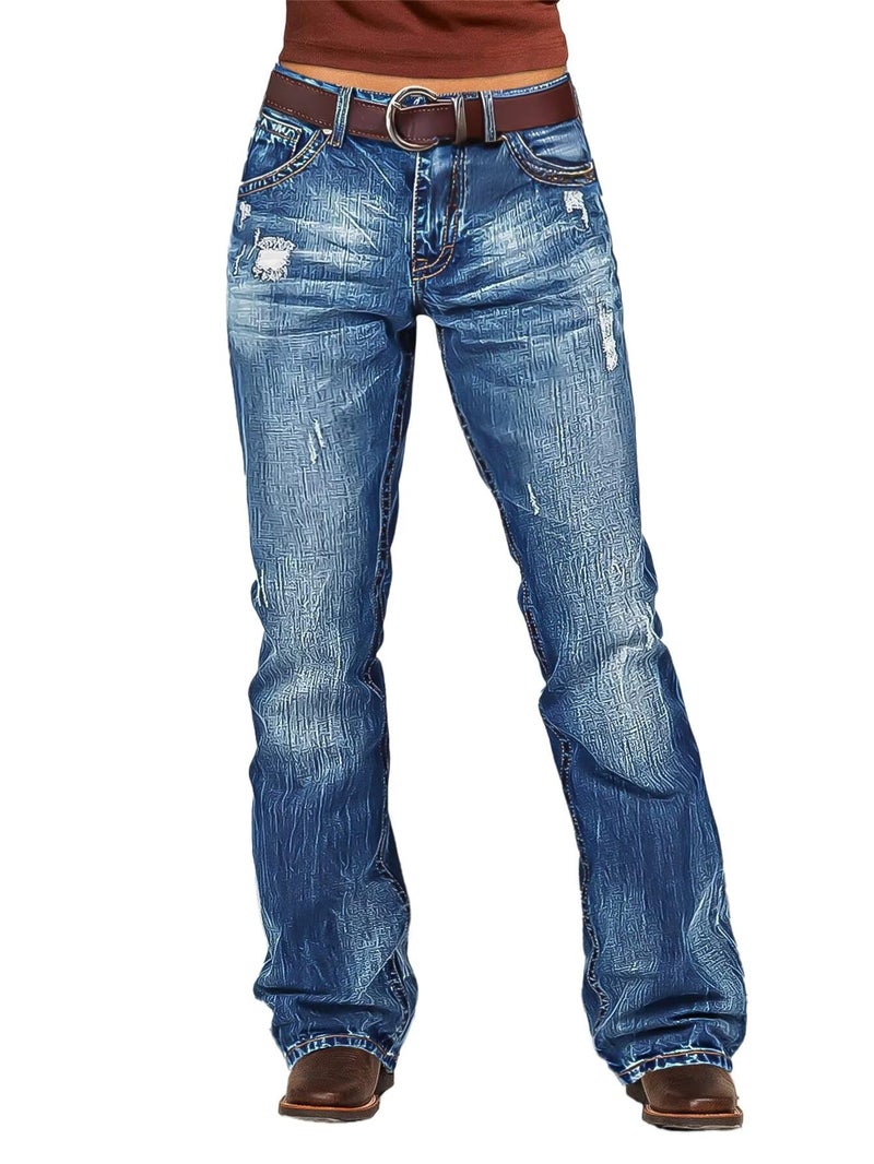Flamingals Bootcut Jeans for Women Trendy Mid Rise Stretchy Wash Ripped Butt Lifting Western Jeans Without Belt Mid Blue L - Image 1