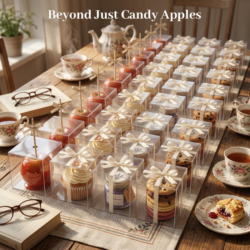 VGOODALL 34 Pcs Clear Candy Apple Boxes, 4x4x4 Inch Transparent Plastic Favor Boxes, Caramel Apple Containers with Top Hole for Sticks, Perfect for Weddings, Birthdays, Baby Showers, Party Favors - Image 4