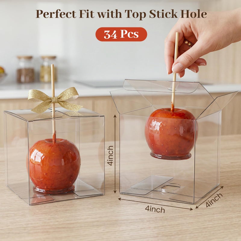 VGOODALL 34 Pcs Clear Candy Apple Boxes, 4x4x4 Inch Transparent Plastic Favor Boxes, Caramel Apple Containers with Top Hole for Sticks, Perfect for Weddings, Birthdays, Baby Showers, Party Favors - Image 2