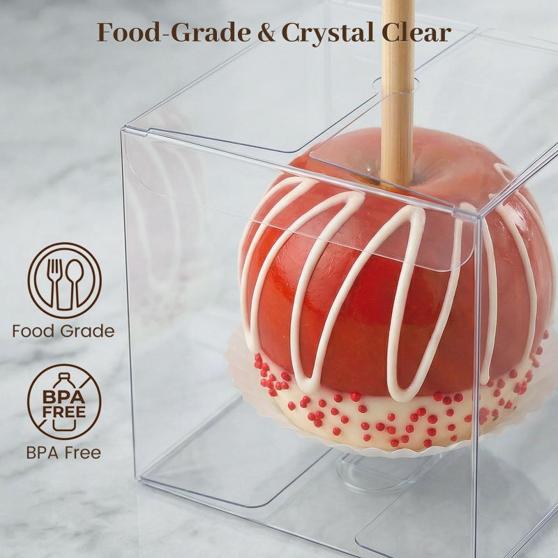 VGOODALL 34 Pcs Clear Candy Apple Boxes, 4x4x4 Inch Transparent Plastic Favor Boxes, Caramel Apple Containers with Top Hole for Sticks, Perfect for Weddings, Birthdays, Baby Showers, Party Favors - Image 3