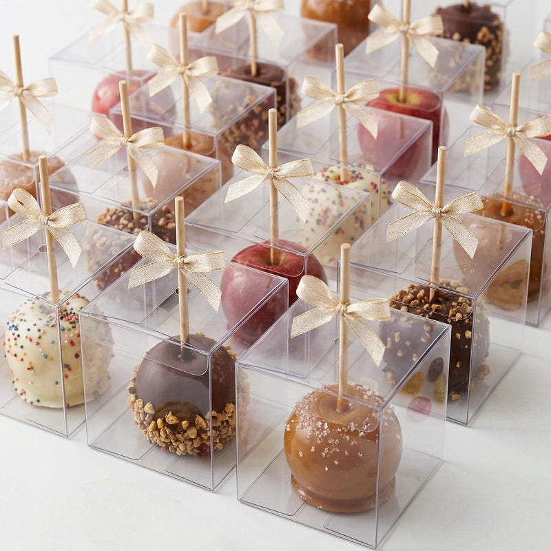 VGOODALL 34 Pcs Clear Candy Apple Boxes, 4x4x4 Inch Transparent Plastic Favor Boxes, Caramel Apple Containers with Top Hole for Sticks, Perfect for Weddings, Birthdays, Baby Showers, Party Favors - Image 1