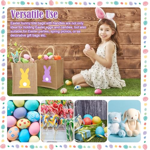 GliCraft 12 Pack Easter Burlap Gift Bags Large Bunny Jute Bags with Handle and Waterproof Lining Reusable Burlap Tote Bag for Kids Egg Hunt Game Spring Easter Party Supplies, 8''x10''x6'' - Image 4