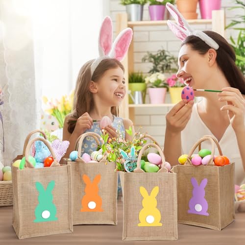 GliCraft 12 Pack Easter Burlap Gift Bags Large Bunny Jute Bags with Handle and Waterproof Lining Reusable Burlap Tote Bag for Kids Egg Hunt Game Spring Easter Party Supplies, 8''x10''x6'' - Image 5