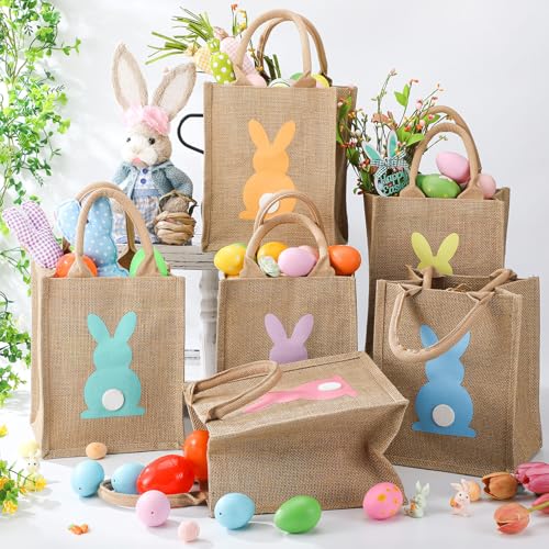 GliCraft 12 Pack Easter Burlap Gift Bags Large Bunny Jute Bags with Handle and Waterproof Lining Reusable Burlap Tote Bag for Kids Egg Hunt Game Spring Easter Party Supplies, 8''x10''x6'' - Image 3
