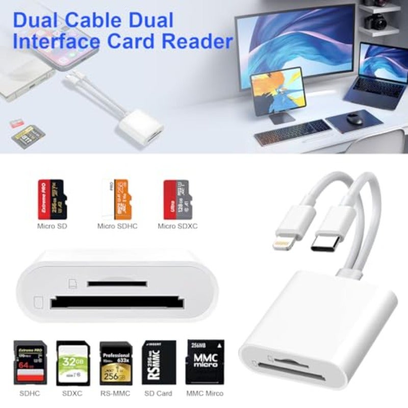 قارئ بطاقة الذاكرة SD لهواتف iPhone و iPad بواجهة USB-C وLightning، محول بطاقة الذاكرة ثنائي الواجهة، محول كاميرا رقمي إلى iPhone وMacBook وكمبيوتر محمول USB-C، يدعم بطاقات SD وTF وبطاقات SIM، توصيل وتشغيل، ملحقات الكاميرا - Image 2