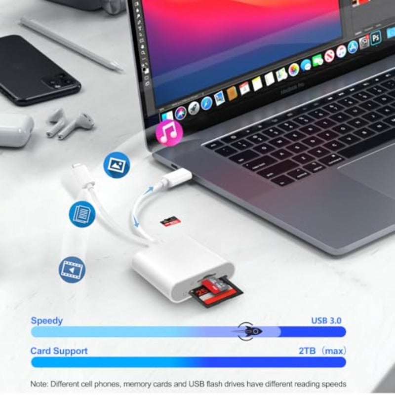 قارئ بطاقة الذاكرة SD لهواتف iPhone و iPad بواجهة USB-C وLightning، محول بطاقة الذاكرة ثنائي الواجهة، محول كاميرا رقمي إلى iPhone وMacBook وكمبيوتر محمول USB-C، يدعم بطاقات SD وTF وبطاقات SIM، توصيل وتشغيل، ملحقات الكاميرا - Image 4