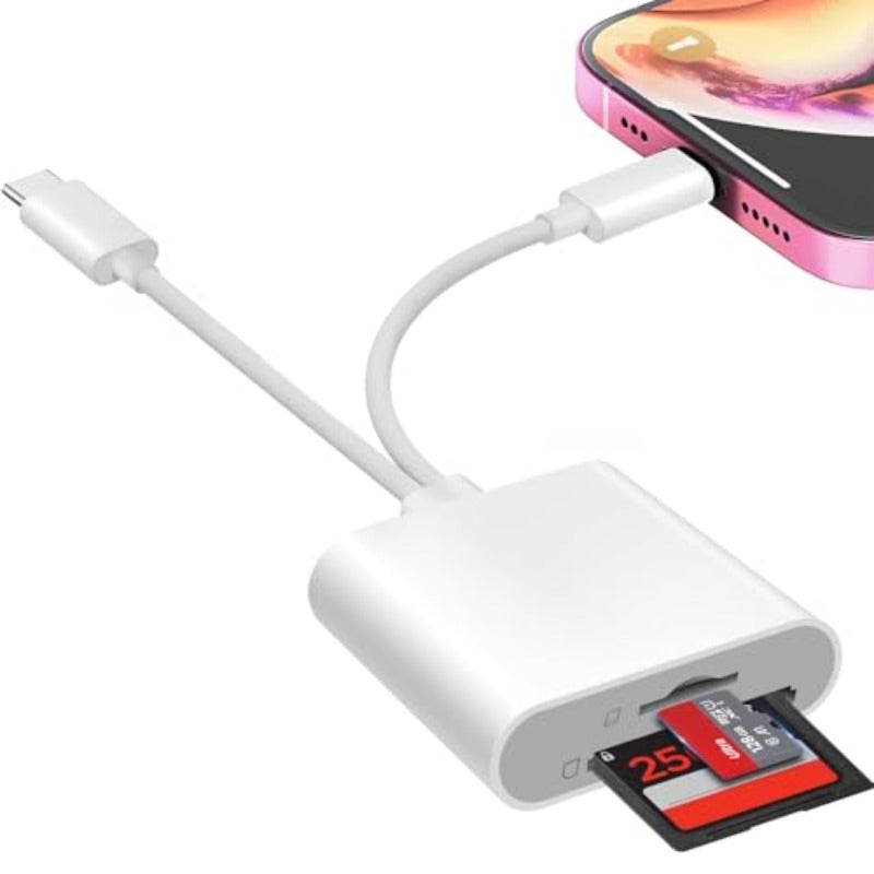 قارئ بطاقة الذاكرة SD لهواتف iPhone و iPad بواجهة USB-C وLightning، محول بطاقة الذاكرة ثنائي الواجهة، محول كاميرا رقمي إلى iPhone وMacBook وكمبيوتر محمول USB-C، يدعم بطاقات SD وTF وبطاقات SIM، توصيل وتشغيل، ملحقات الكاميرا - Image 1