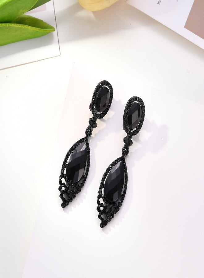 BriLove Wedding Bridal Clip-On Earrings for Women Infinity Figure 8 Crystal Teardrop Chandelier Dangle Jewelry Black Black-Silver-Tone - Image 4