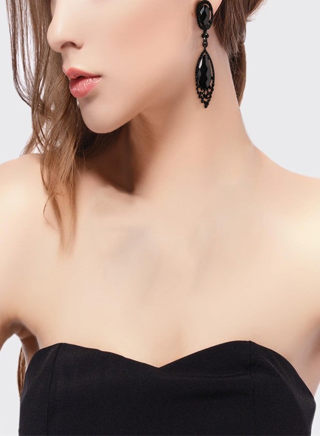 BriLove Wedding Bridal Clip-On Earrings for Women Infinity Figure 8 Crystal Teardrop Chandelier Dangle Jewelry Black Black-Silver-Tone - Image 2