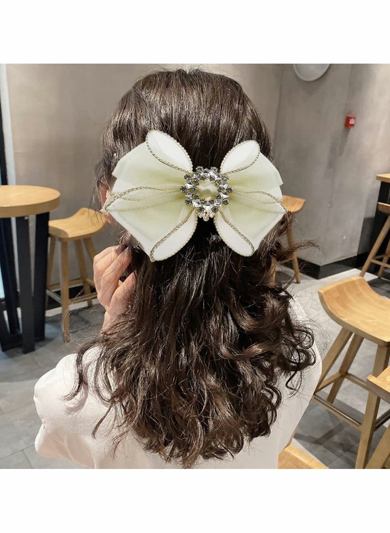 2 Pack Rhinestone Hair Tie Bows Clips Bowknot Hairpin Spring Collet Yarn Top Clip for Women Party Birthday School Work Puff - Image 2