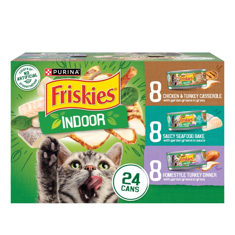 Friskies Purina Friskies Indoor Cat Food 24ct VP - (Chicken and Turkey Casserole, Saucy Seafood Bake, Homestyle Turkey Dinner) - (Pack of 24) 5.5 oz. Cans - Image 1