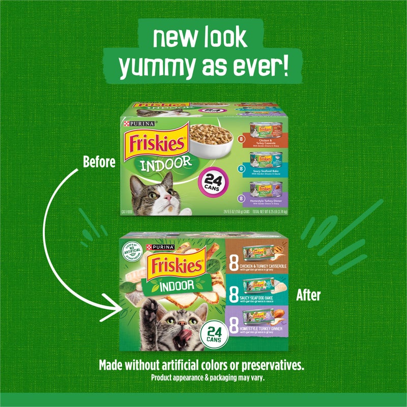 Friskies Purina Friskies Indoor Cat Food 24ct VP - (Chicken and Turkey Casserole, Saucy Seafood Bake, Homestyle Turkey Dinner) - (Pack of 24) 5.5 oz. Cans - Image 2