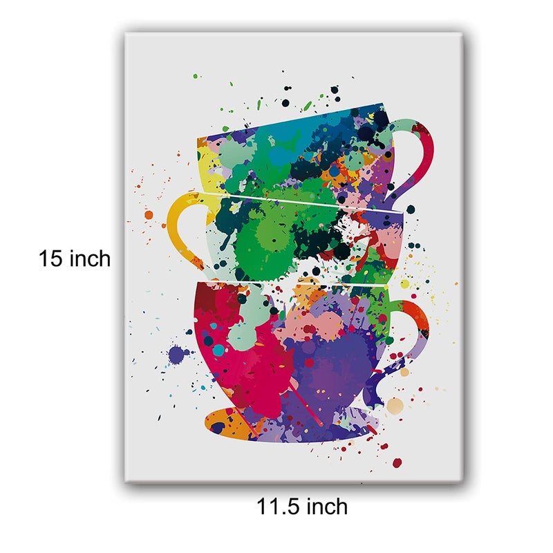 Hijie Coffee Cups Watercolor Poster Canvas Wall Art for Home/Office/Kitchen Decor - Tea Cups Canvas Print Wall Art Painting Ready to Hang Gifts - Easel & Hanging Hook 12x15 Inch - Image 2