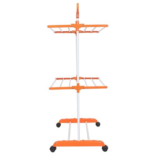 FLIPZON Premium Clothes Stand for Drying with Wheels | Portable | 2 Layer Rack for Balcony | Foldable Wings | 14 Hanger Rods | Alloy Steel & Plastic (White & Orange) - Image 5