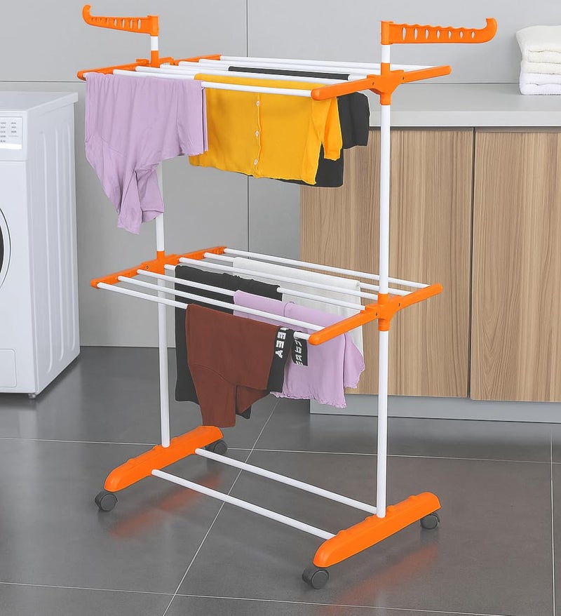 FLIPZON Premium Clothes Stand for Drying with Wheels | Portable | 2 Layer Rack for Balcony | Foldable Wings | 14 Hanger Rods | Alloy Steel & Plastic (White & Orange) - Image 1